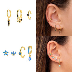 Silver Turquoise Crown Star Moon Zircon Snake Earrings Set
