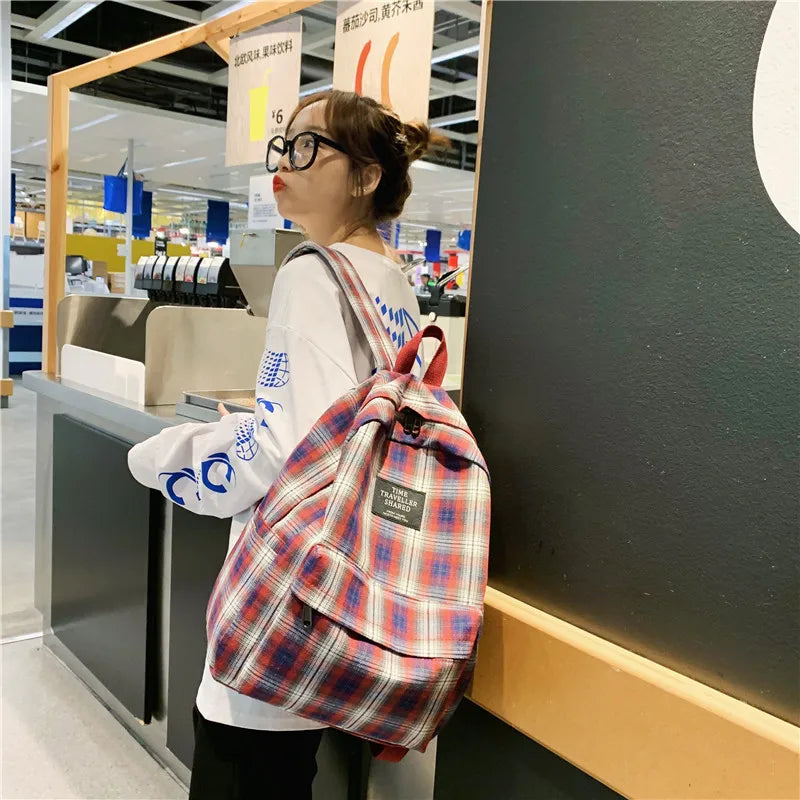 Plaid Pattern Canvas School Bag Ladies Backpack