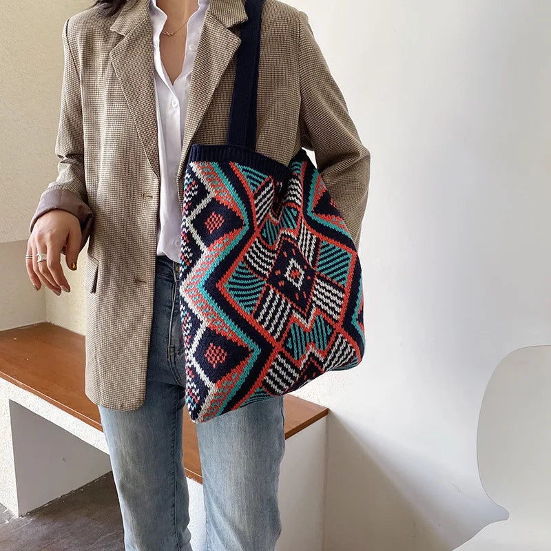 Women Open Soft Top-handle Bag Female Daily Handbag Lady Knitting Handbag Bohemi