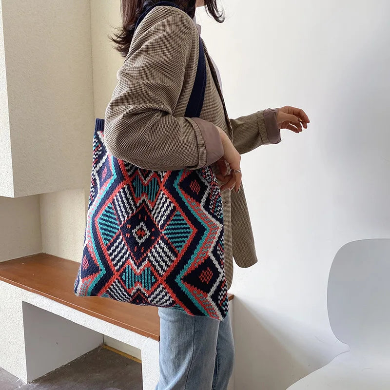 Women Open Soft Top-handle Bag Female Daily Handbag Lady Knitting Handbag Bohemi