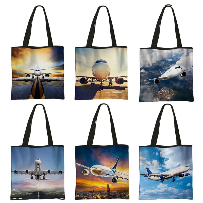 Airplane Print Handbag Flight Women Totes Bags Canvas Shoulder Bags