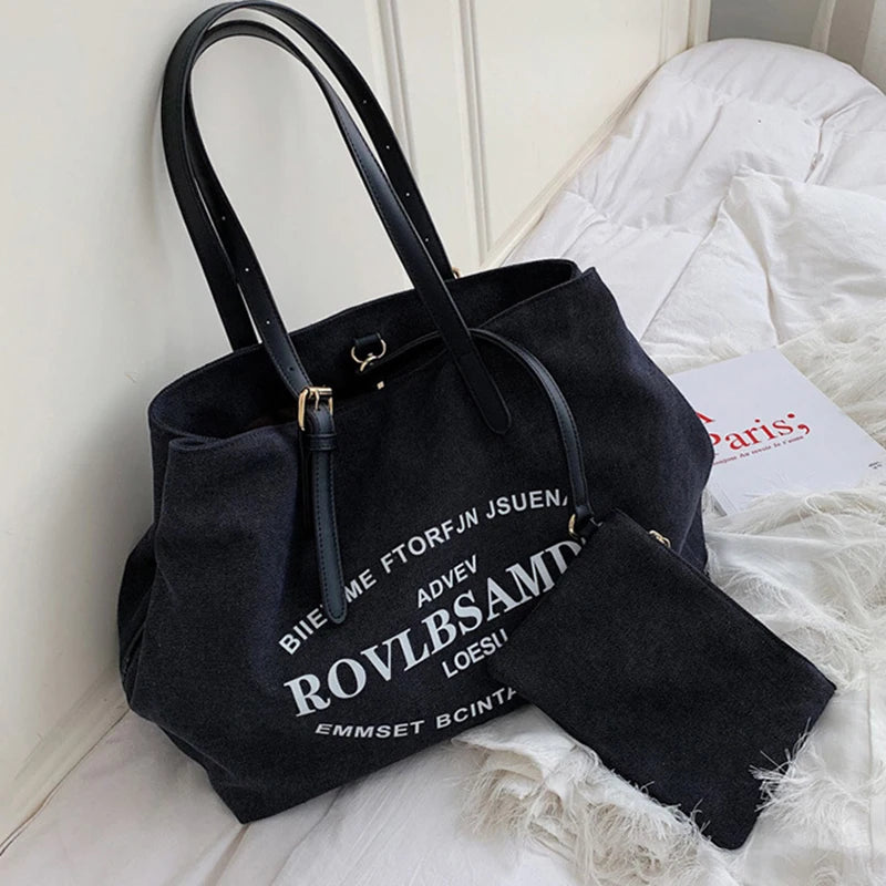 Letter Canvas Shoulder Bag Women Large Shopping Handbag Casual Tote Bags