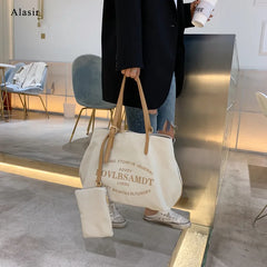Letter Canvas Shoulder Bag Women Large Shopping Handbag Casual Tote Bags