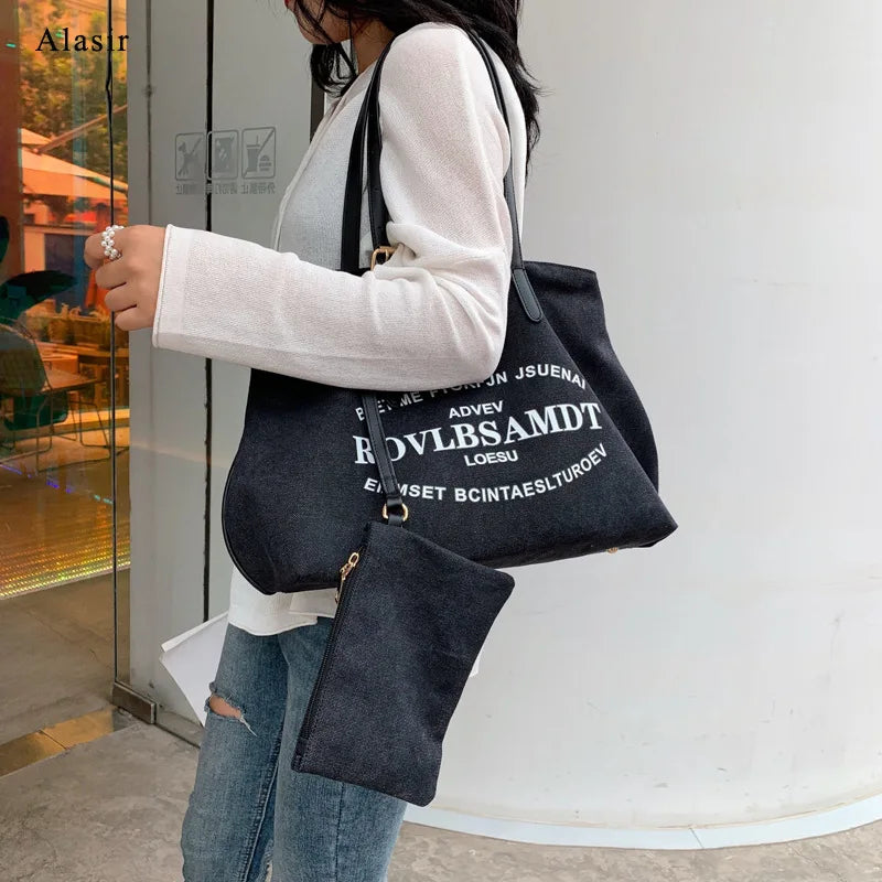 Letter Canvas Shoulder Bag Women Large Shopping Handbag Casual Tote Bags