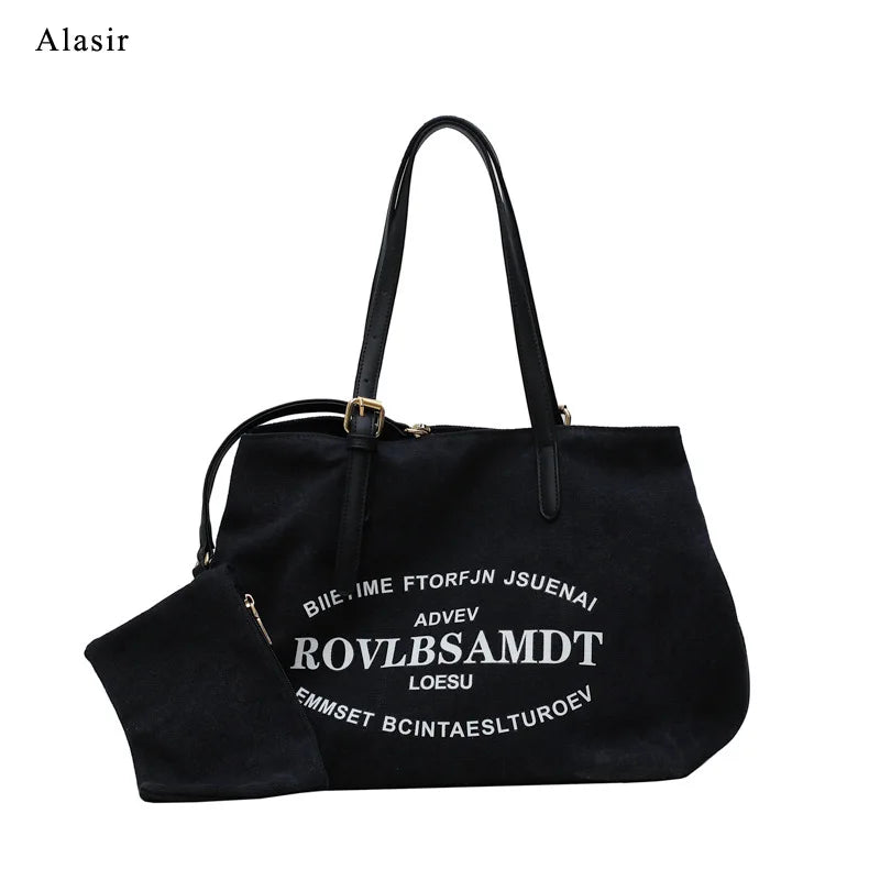 Letter Canvas Shoulder Bag Women Large Shopping Handbag Casual Tote Bags