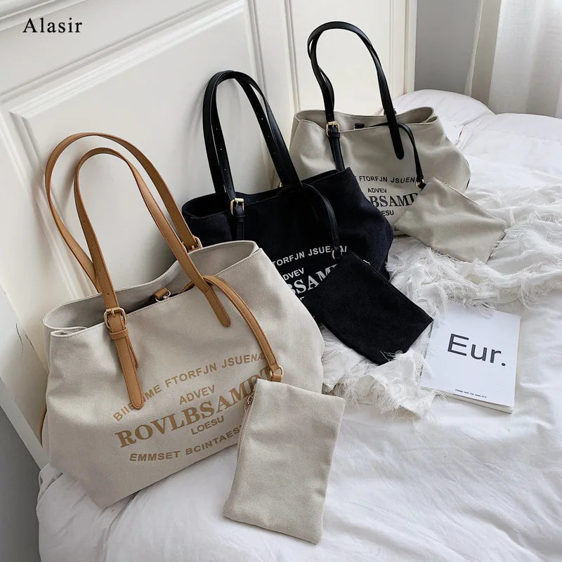 Letter Canvas Shoulder Bag Women Large Shopping Handbag Casual Tote Bags