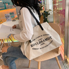 Letter Canvas Shoulder Bag Women Large Shopping Handbag Casual Tote Bags