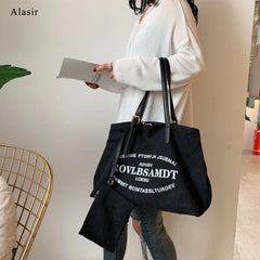 Letter Canvas Shoulder Bag Women Large Shopping Handbag Casual Tote Bags