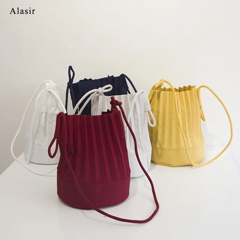 Pleated Bucket Bag Casual Shoulder Bags Solid Bucket Bag Female Messenger Bag