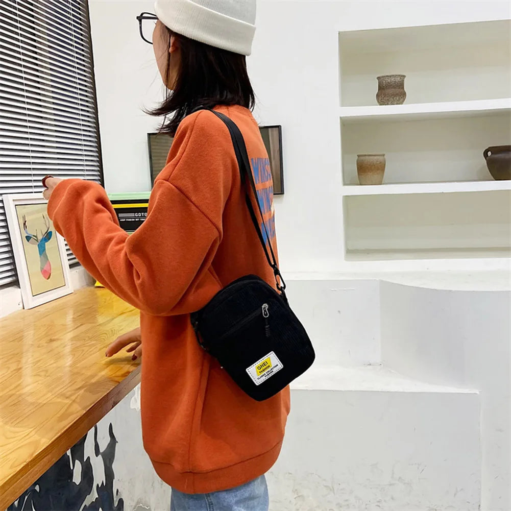 Corduroy Zipper Messenger Bag Autumn Winter Street Shoulder Bag