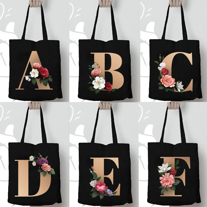 Alphabet Flowers Printed Shoulder Bags for Female Shopping Totes