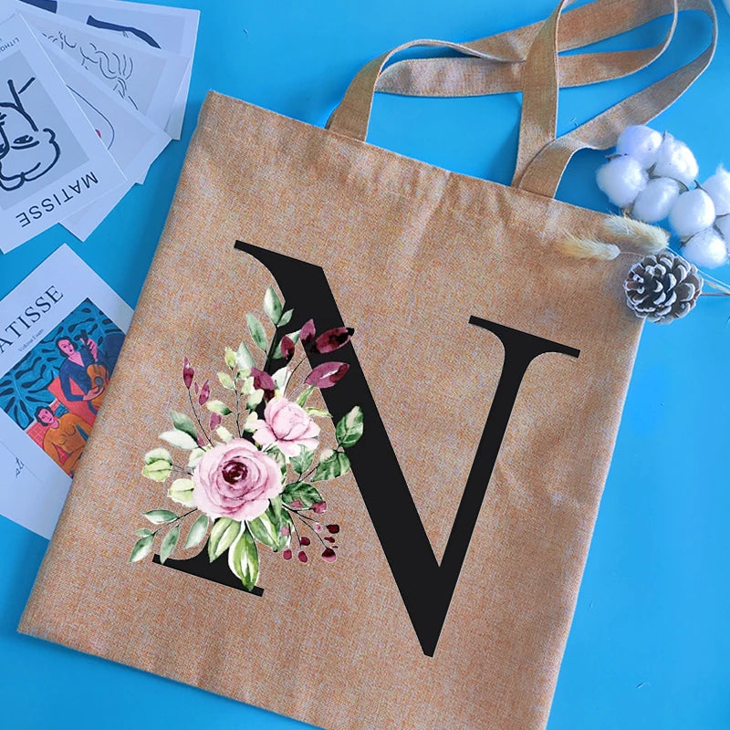 Alphabet Print Shopping Bag Canvas Bags Large Capacity College Handbag