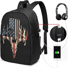 American Flag Deer Skull Backpack with USB Port