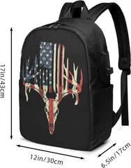American Flag Deer Skull Backpack with USB Port