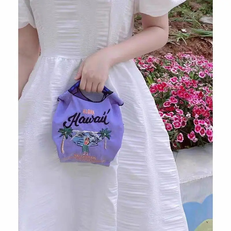 Hawaiian Vacation Embroidered Mini Bag Cartoon Tote Eco-Friendly Nylon Pouch