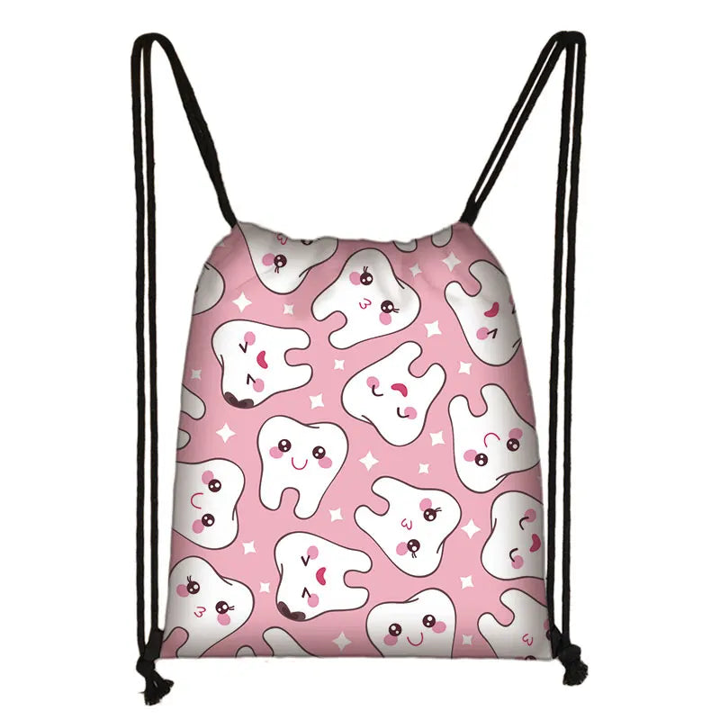 Angel Teeth Print Backpack Girls Dental Hygienist Drawstring Bag