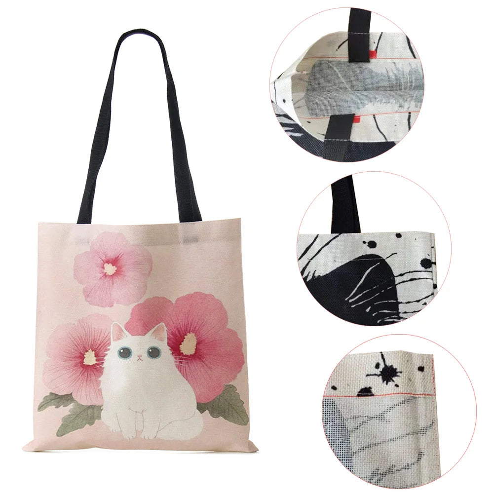 Cat Print Canvas Tote Shoulder Bag Women Casual Handbag Large Capacity