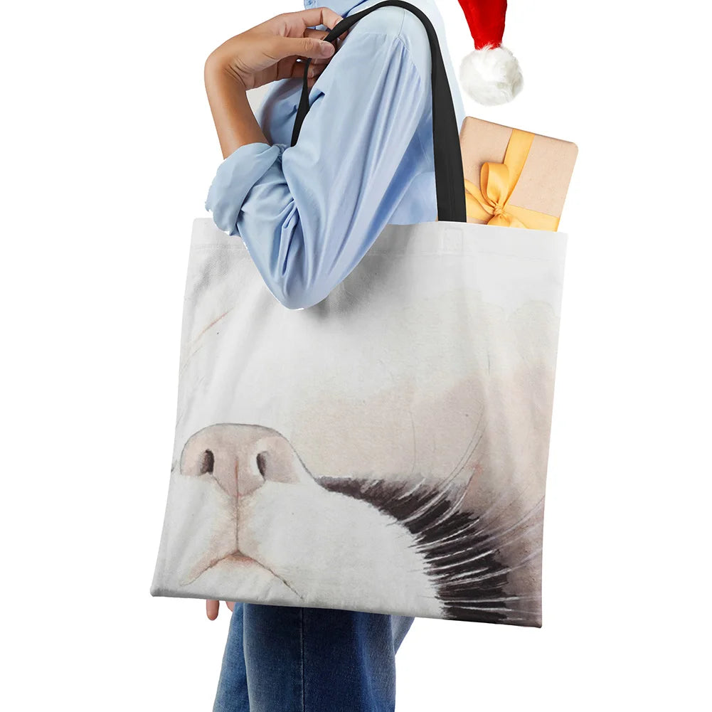 Cat Print Canvas Tote Shoulder Bag Women Casual Handbag Large Capacity