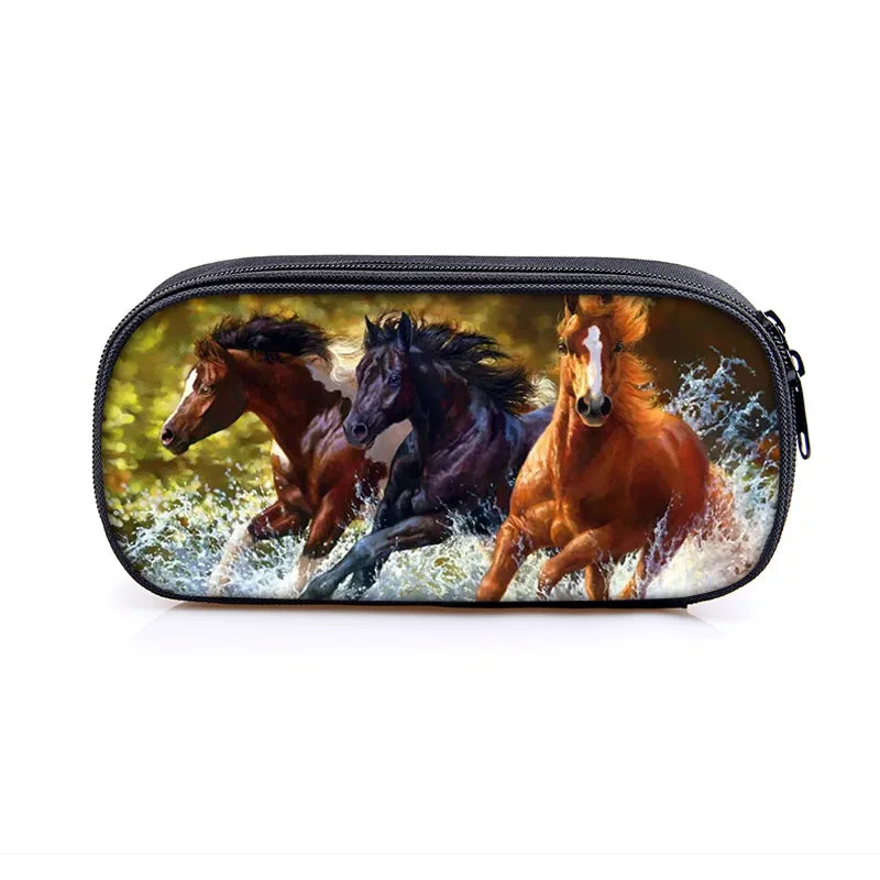 Horse Print Cosmetic Bag Student Stationery Storage Women Portable Pencil Bags