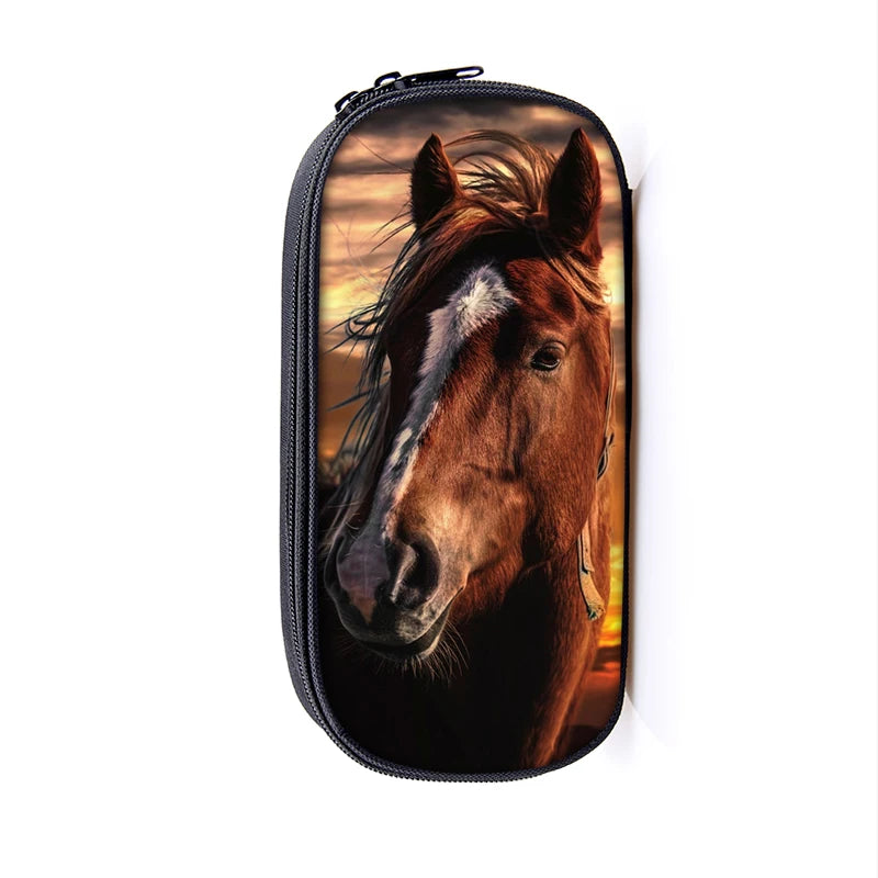 Horse Print Cosmetic Bag Student Stationery Storage Women Portable Pencil Bags