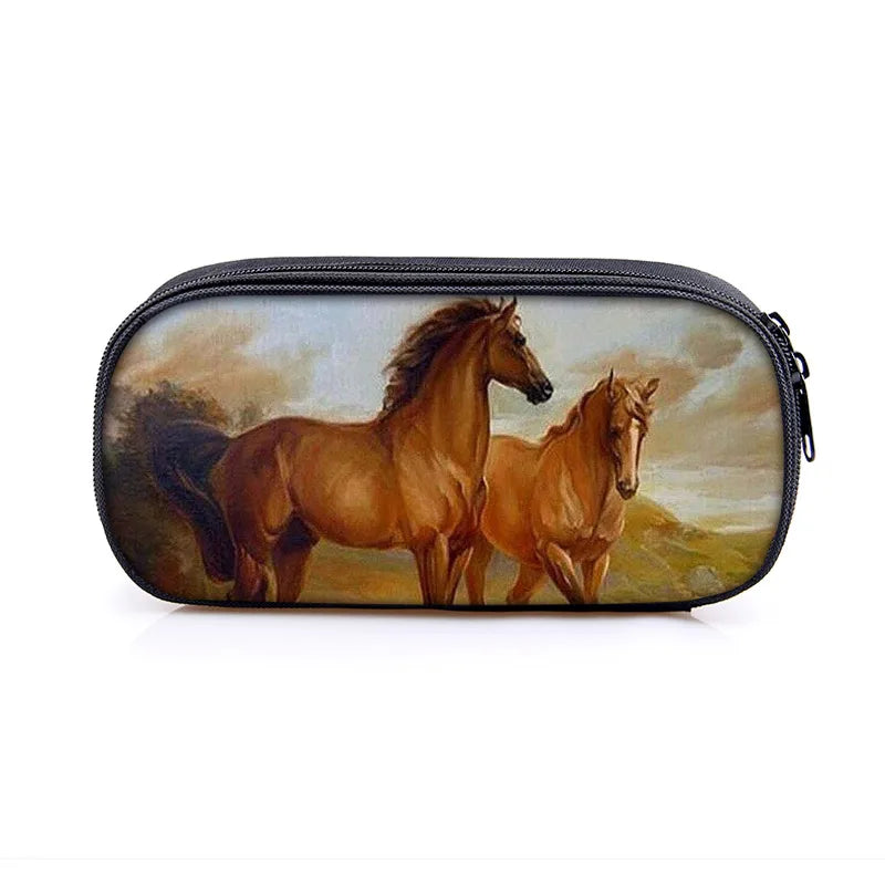 Horse Print Cosmetic Bag Student Stationery Storage Women Portable Pencil Bags