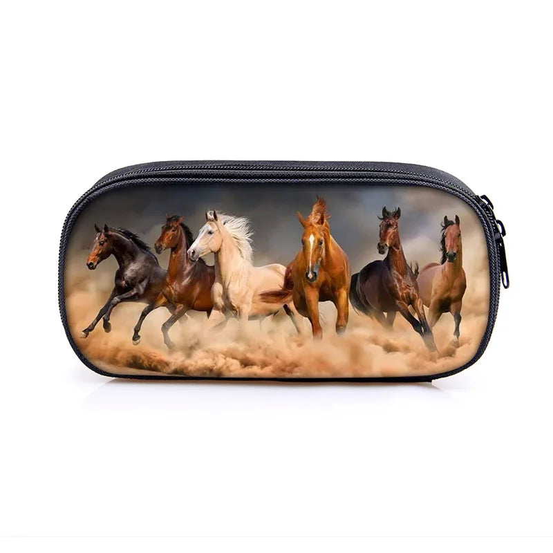Horse Print Cosmetic Bag Student Stationery Storage Women Portable Pencil Bags