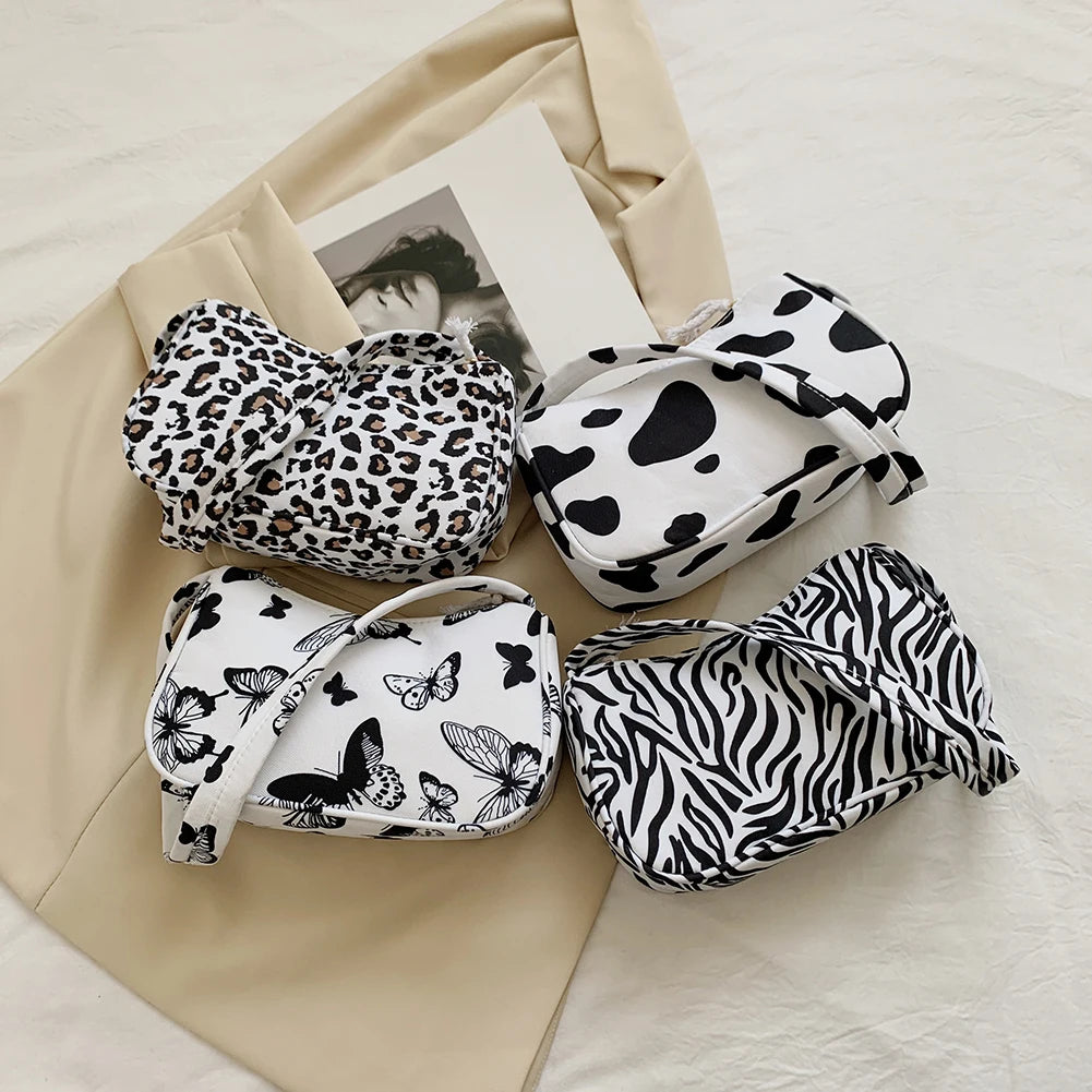 Animal Print Canvas Shoulder Bag Vintage Ladies Small Purse Handbags