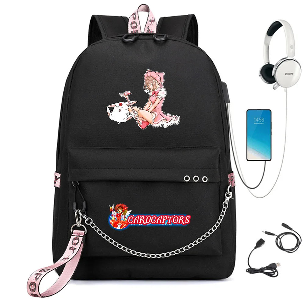 Cardcaptor Sakura Nylon Backpack Schoolbag USB Charge Teenger Travel Laptop Bag