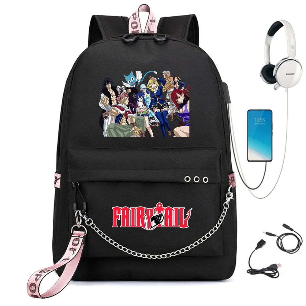 Anime Fairy Tail Backpack USB Charging Headphone Student Schoolbag Travel