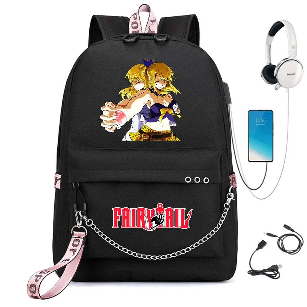 Anime Fairy Tail Backpack USB Charging Headphone Student Schoolbag Travel