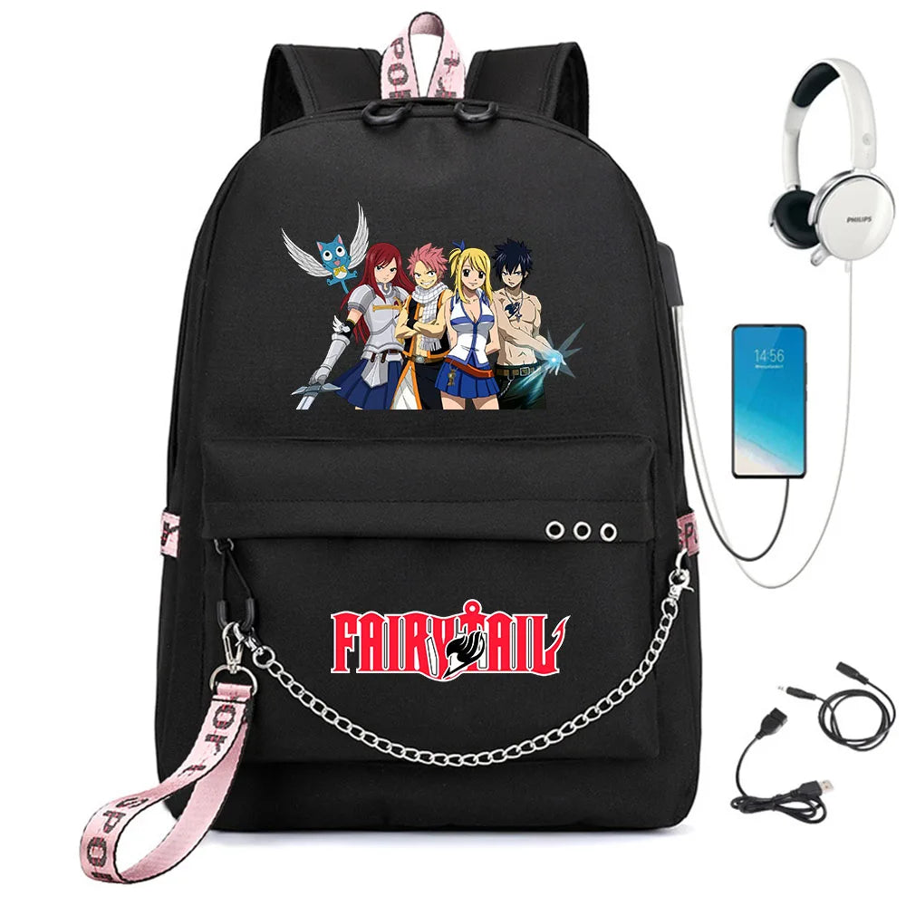 Anime Fairy Tail Backpack USB Charging Headphone Student Schoolbag Travel