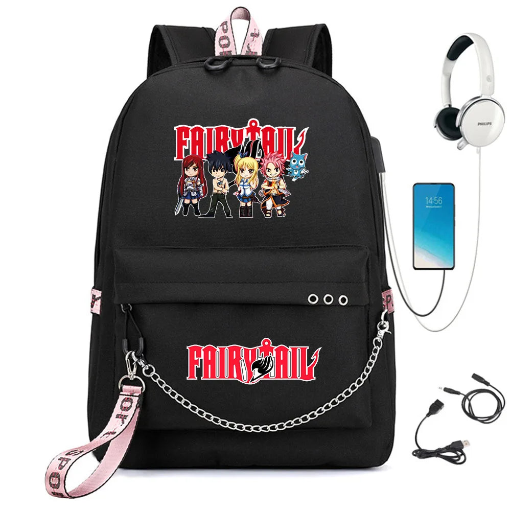 Fairy Tail Nylon Backpack USB Charge Schoolbag Student Laptop Bag