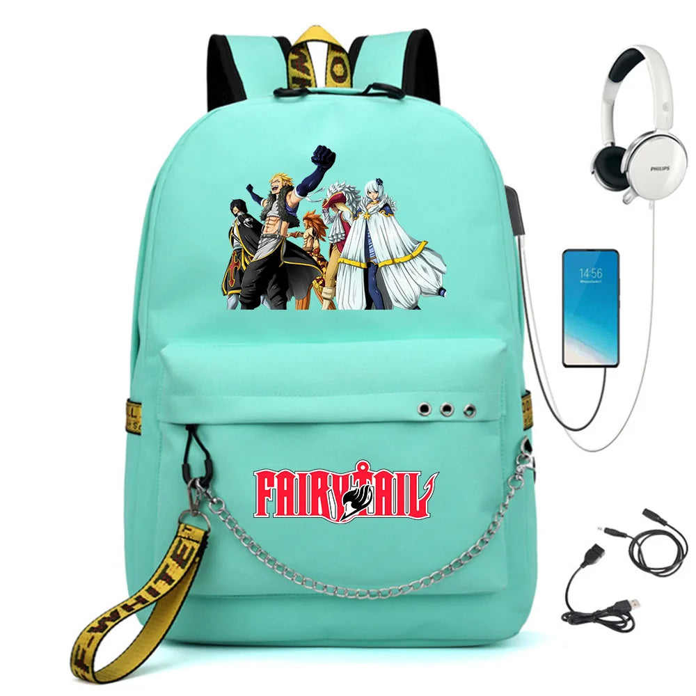 Fairy Tail Nylon Backpack USB Charge Schoolbag Student Laptop Bag