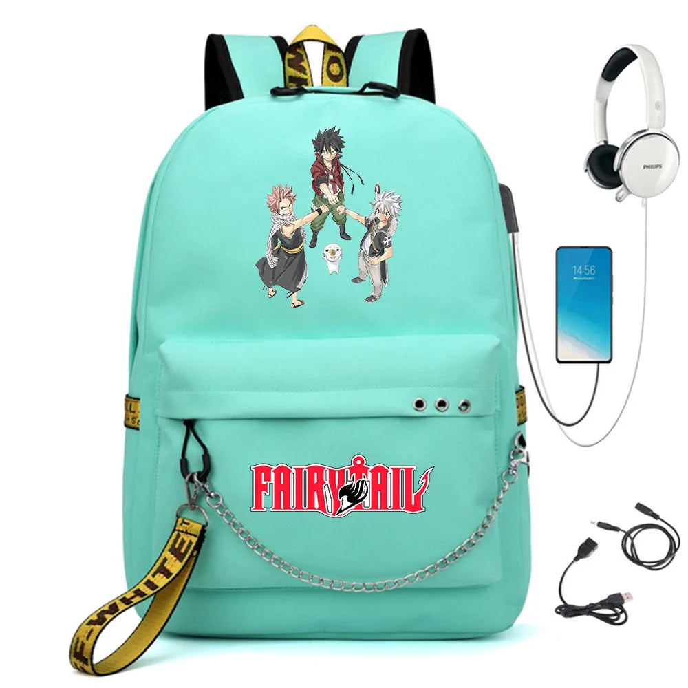 Fairy Tail Nylon Backpack USB Charge Schoolbag Student Laptop Bag