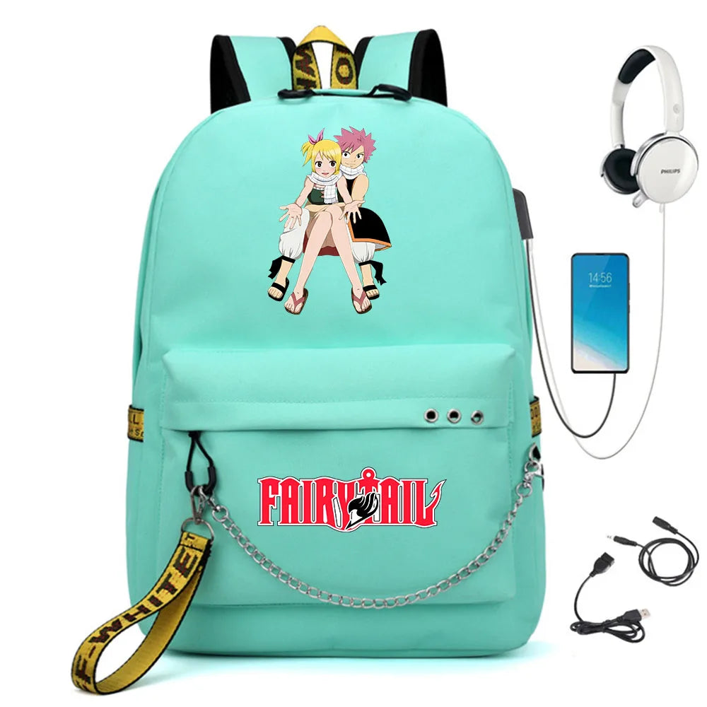 Fairy Tail Nylon Backpack USB Charge Schoolbag Student Laptop Bag