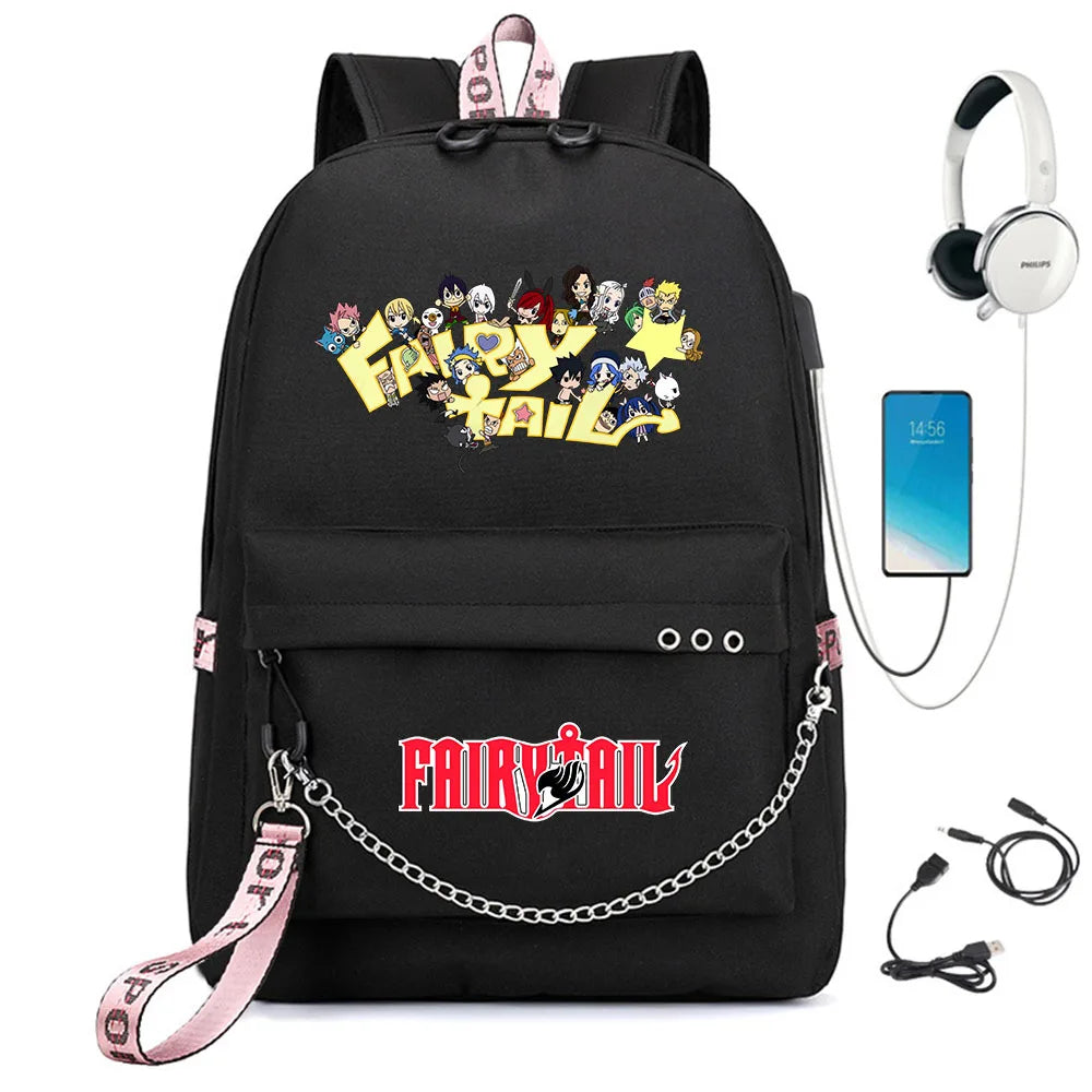 Fairy Tail Nylon Backpack Schoolbag USB Charge Teenger Travel Laptop Bag