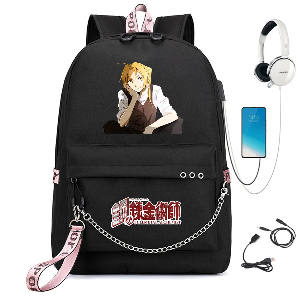 Anime FMA Backpack USB Headphone Teen Student School Bag Travel Laptop Rucksack