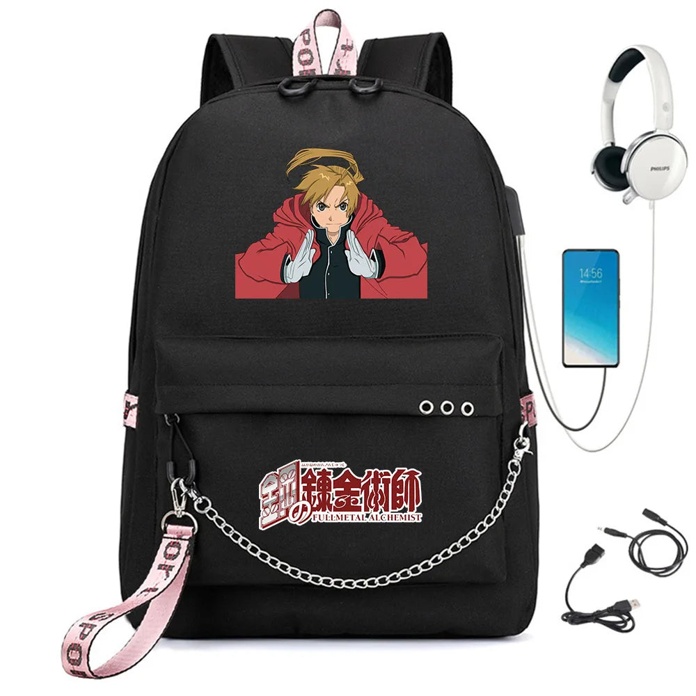 Anime FMA Backpack USB Headphone Teen Student School Bag Travel Laptop Rucksack