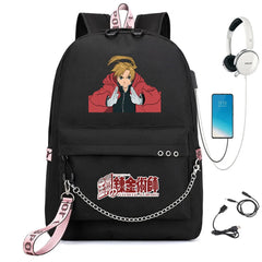Anime FMA Backpack USB Headphone Teen Student School Bag Travel Laptop Rucksack
