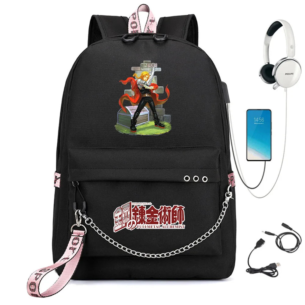 Anime FMA Backpack USB Headphone Teen Student School Bag Travel Laptop Rucksack