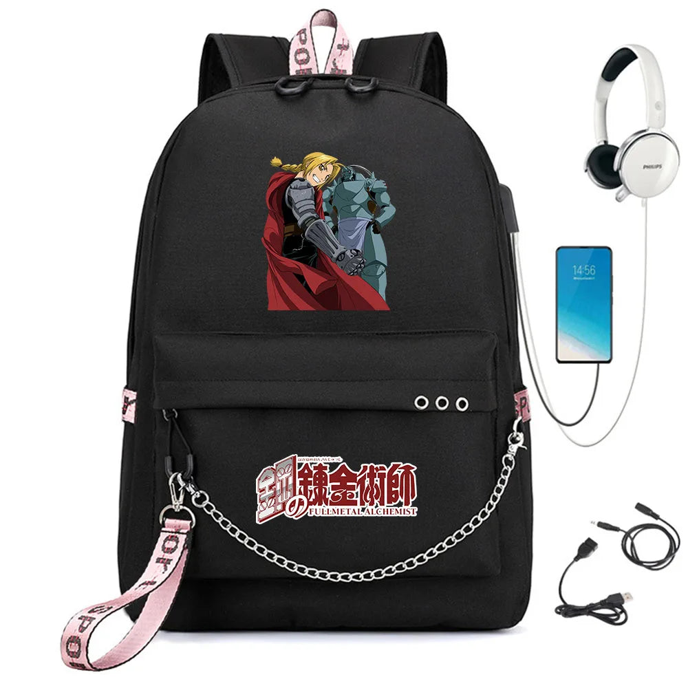 Anime FMA Backpack USB Headphone Teen Student School Bag Travel Laptop Rucksack