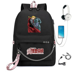 Anime FMA Backpack USB Headphone Teen Student School Bag Travel Laptop Rucksack