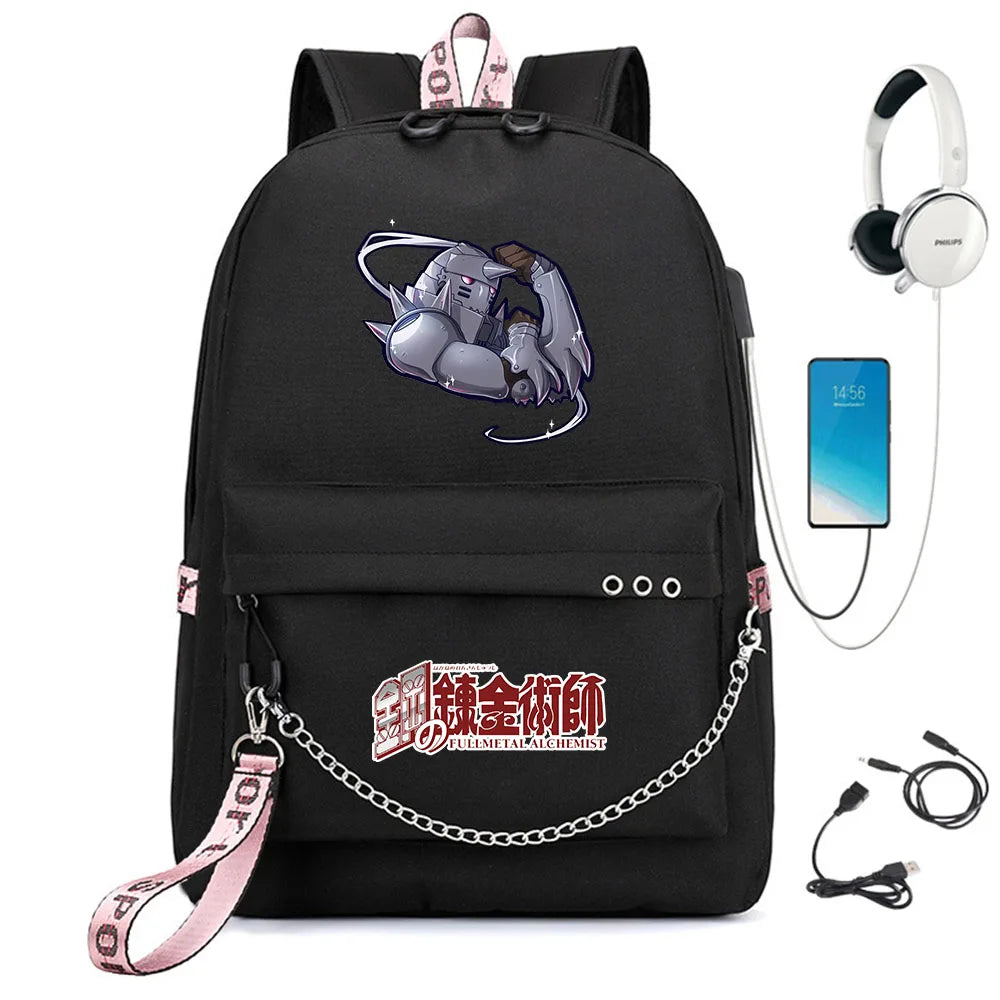 Anime FMA Backpack USB Headphone Teen Student School Bag Travel Laptop Rucksack