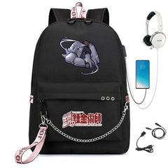 Anime FMA Backpack USB Headphone Teen Student School Bag Travel Laptop Rucksack