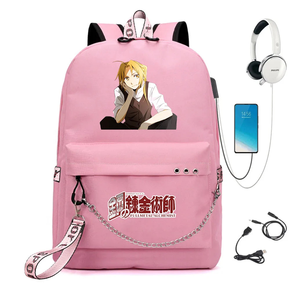 Fullmetal Alchemist Nylon Backpack USB Schoolbag Student Laptop Bag