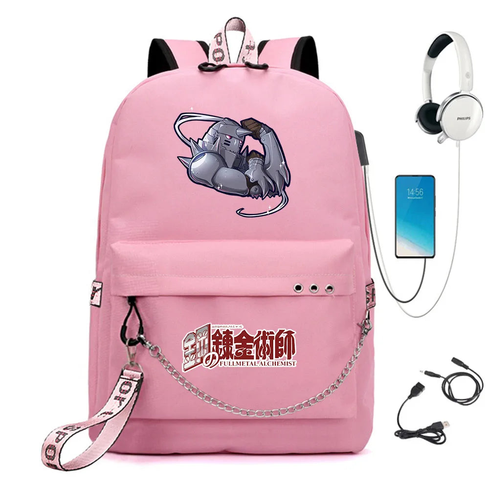 Fullmetal Alchemist Nylon Backpack USB Schoolbag Student Laptop Bag