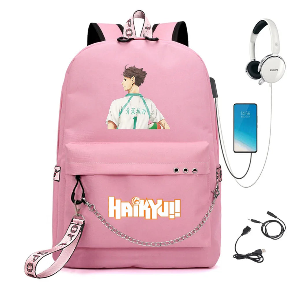 Anime Haikyuu Nylon Backpack USB Charge Schoolbag Packsack
