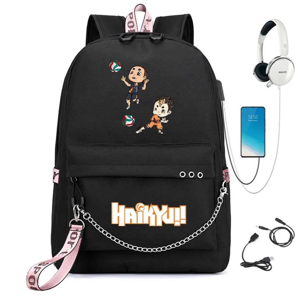 Haikyuu Nylon Backpack Schoolbag USB Charge Cartoon Teenger Travel Laptop