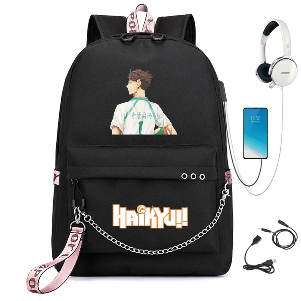 Haikyuu Nylon Backpack Schoolbag USB Charge Cartoon Teenger Travel Laptop