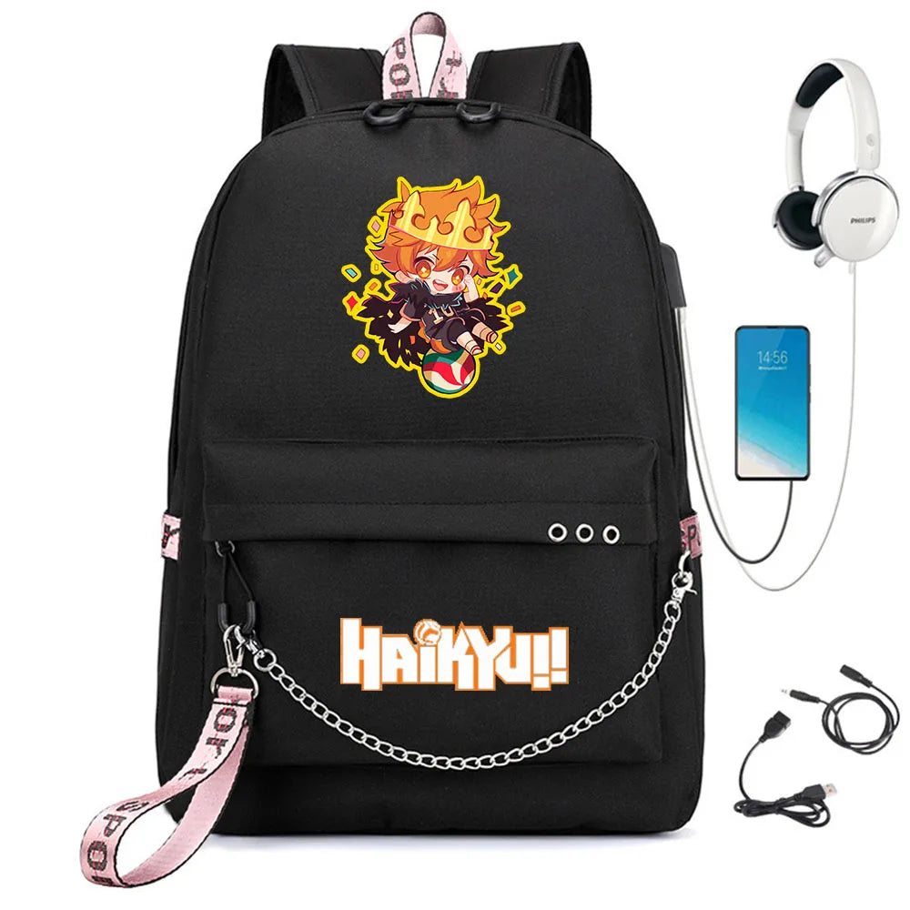 Haikyuu Nylon Backpack Schoolbag USB Charge Cartoon Teenger Travel Laptop